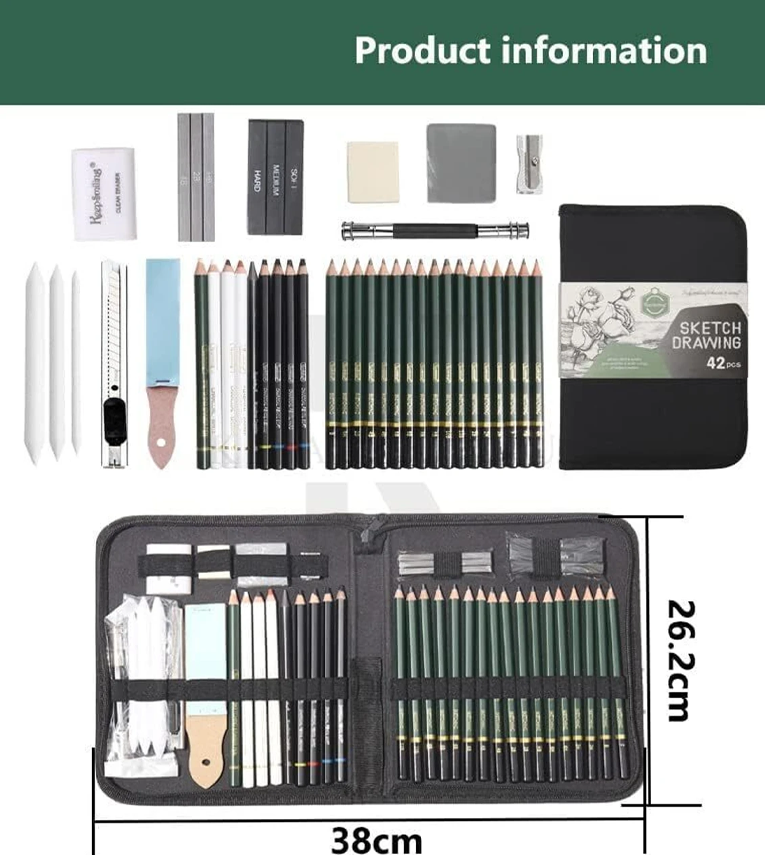 42 Pc Professional Art Sketching Kit Graphite Charcoal Drawing Pencil Set