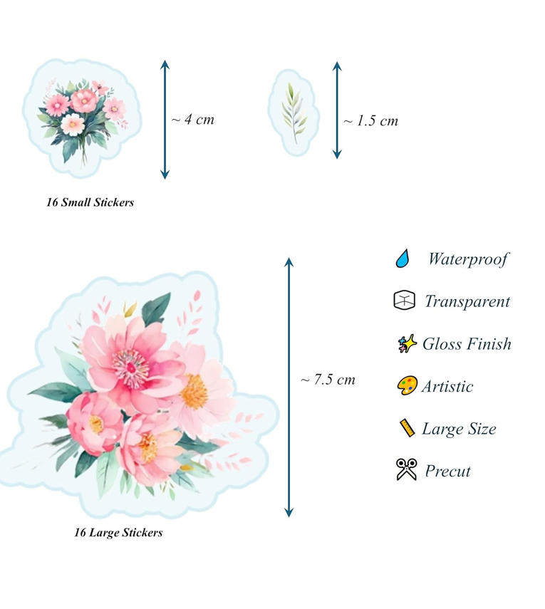 Watercolor Flower Stickers - Pink Colored Self Adhesive Large Sized