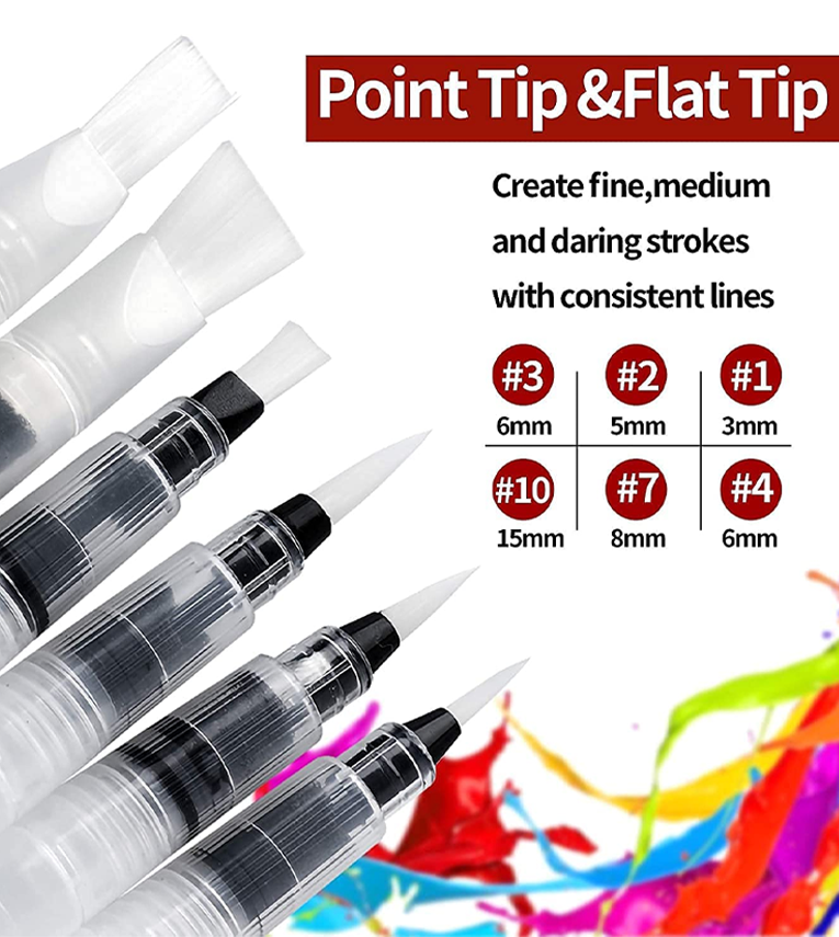 Water Brush Pens, Premium Nylon Brushs Set of 6 Aqua Painting Brushes