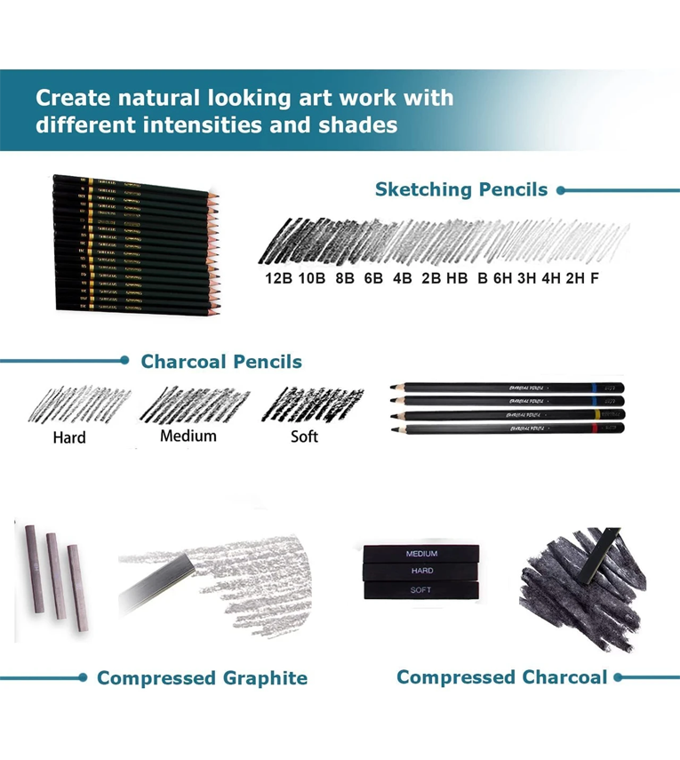 42 Pc Professional Art Sketching Kit Graphite Charcoal Drawing Pencil Set