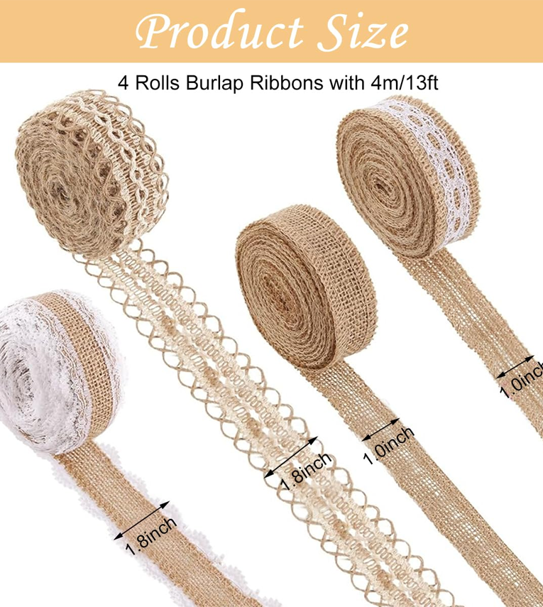 4 Rolls 13.12ft Jute Rope Burlap Ribbon Lace + 32.8ft Hemp Rope