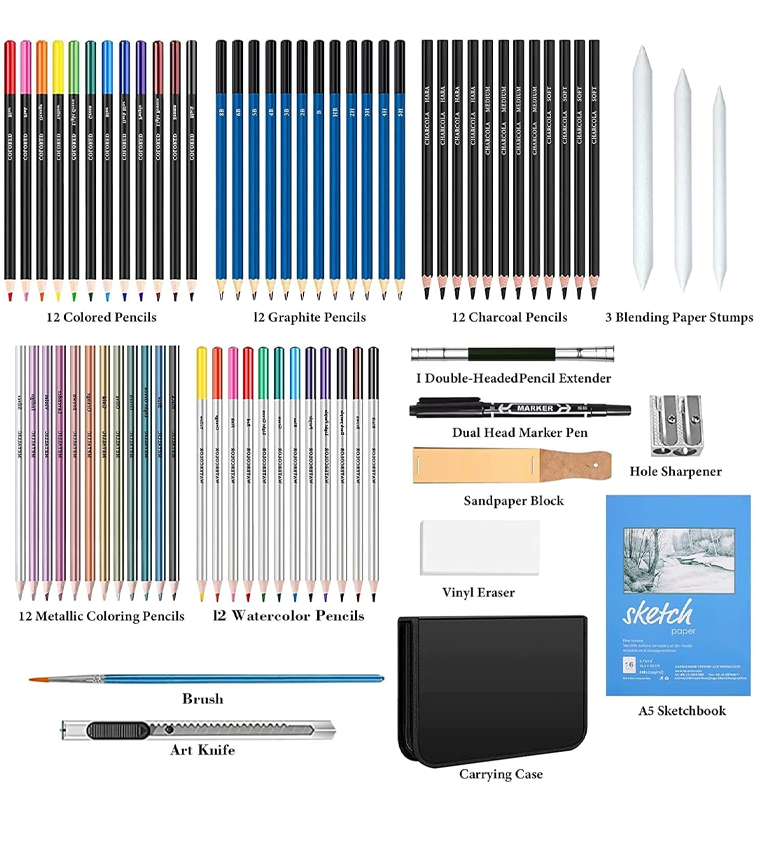 73 Pc Sketching Kit 40 Pc Colour Pencil Drawing Pencils for Artists Kit