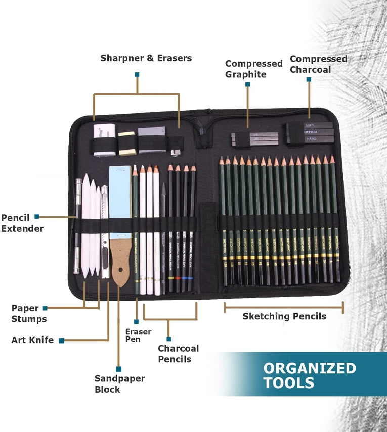 42 Pc Professional Art Sketching Kit Graphite Charcoal Drawing Pencil Set
