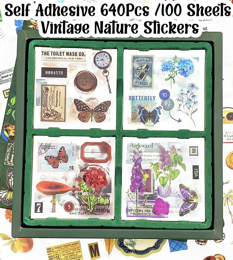 Self Adhesive 640Pcs /100 Sheets, Vintage Nature Stickers