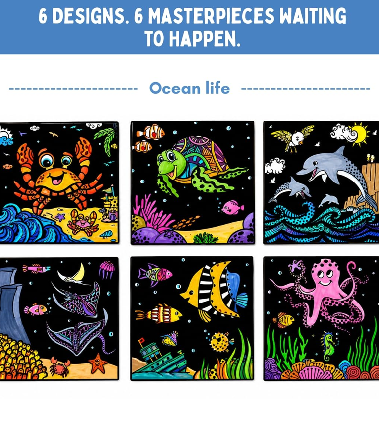 Velvet Coloring Cards for Kids - 6 Ocean Life Art Cards