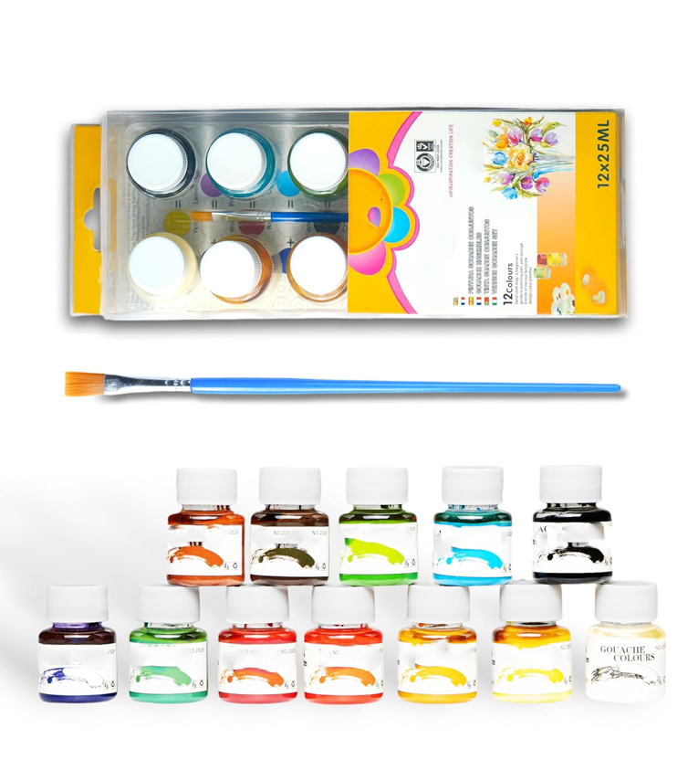 12 x 25ml Gouache Paint Set with Free Paintbrush