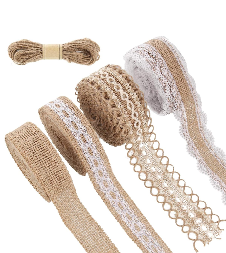 4 Rolls 13.12ft Jute Rope Burlap Ribbon Lace + 32.8ft Hemp Rope