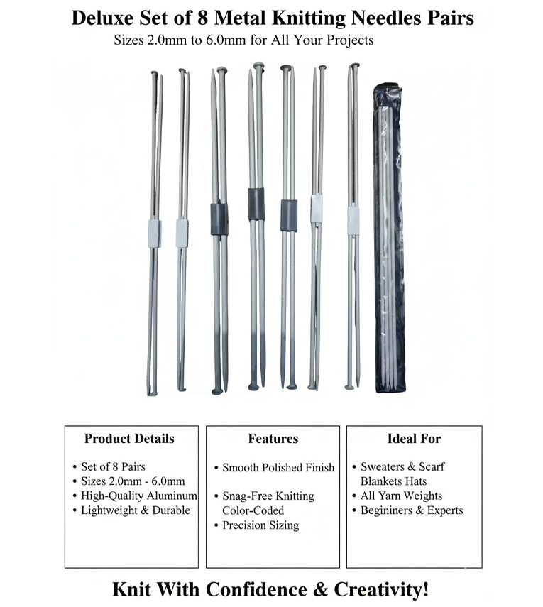 Deluxe Metal Knitting Needles Set of 8 Pairs