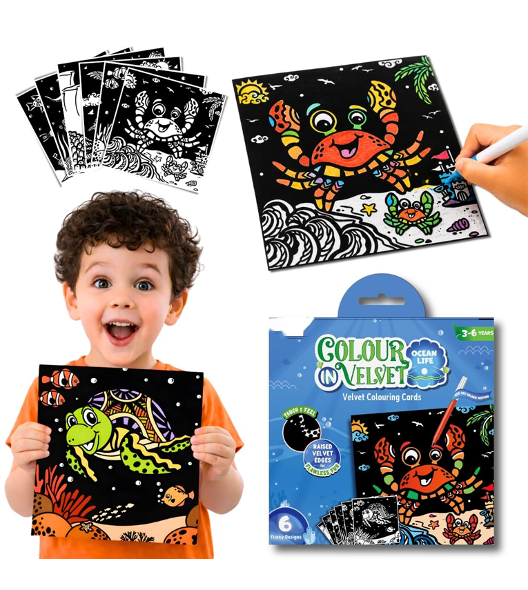 Velvet Coloring Cards for Kids - 6 Ocean Life Art Cards
